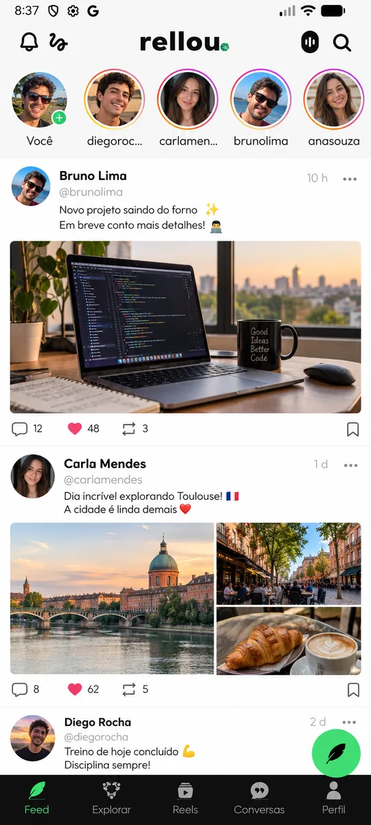 Feed do Rellou com Stories e posts